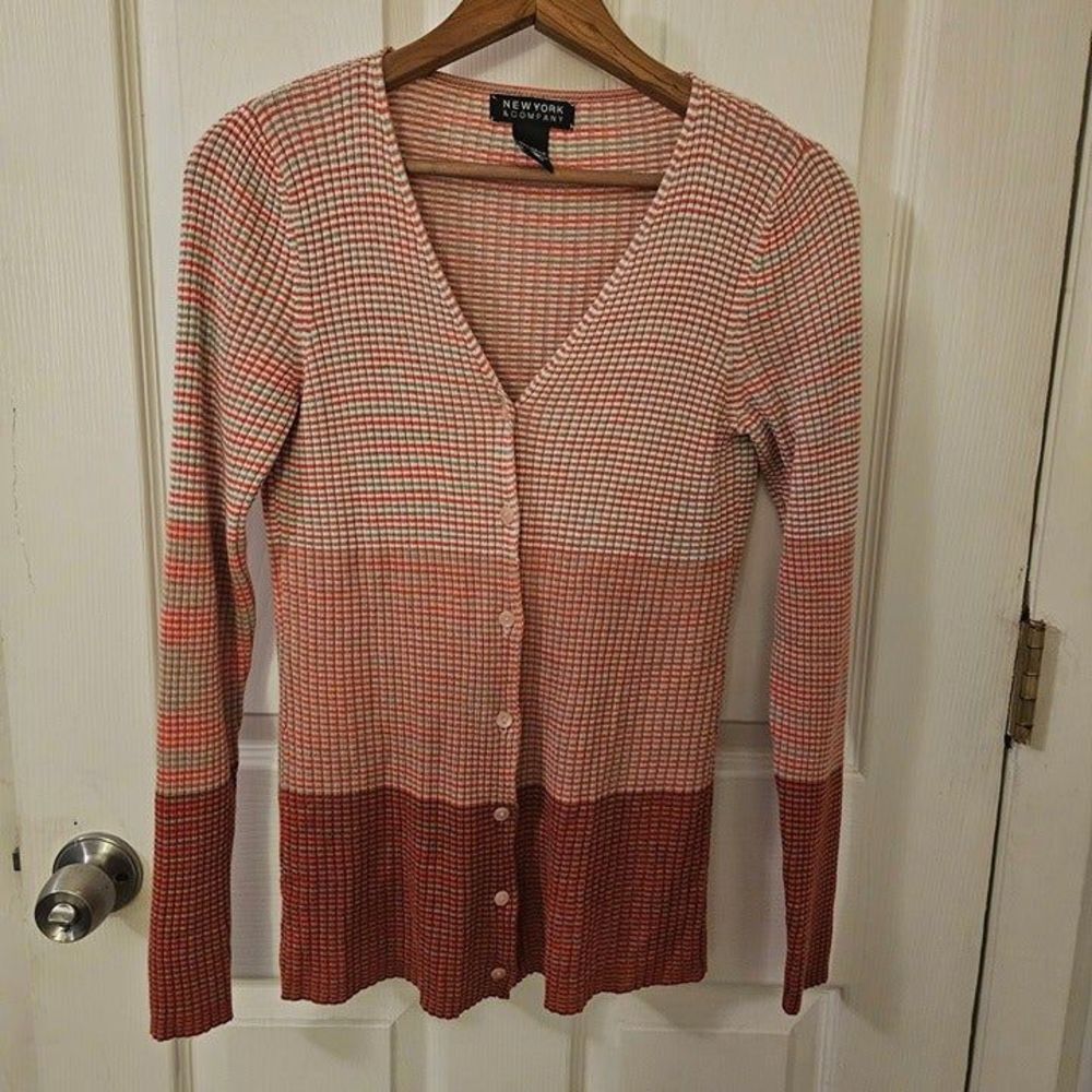 New York & Company Women's Cardigan Sweater Stripe Colorblock Pink Ombre Sz XS